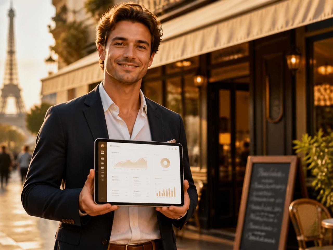 Commercial Restomatic devant un restaurant avec une tablette pré-configurée